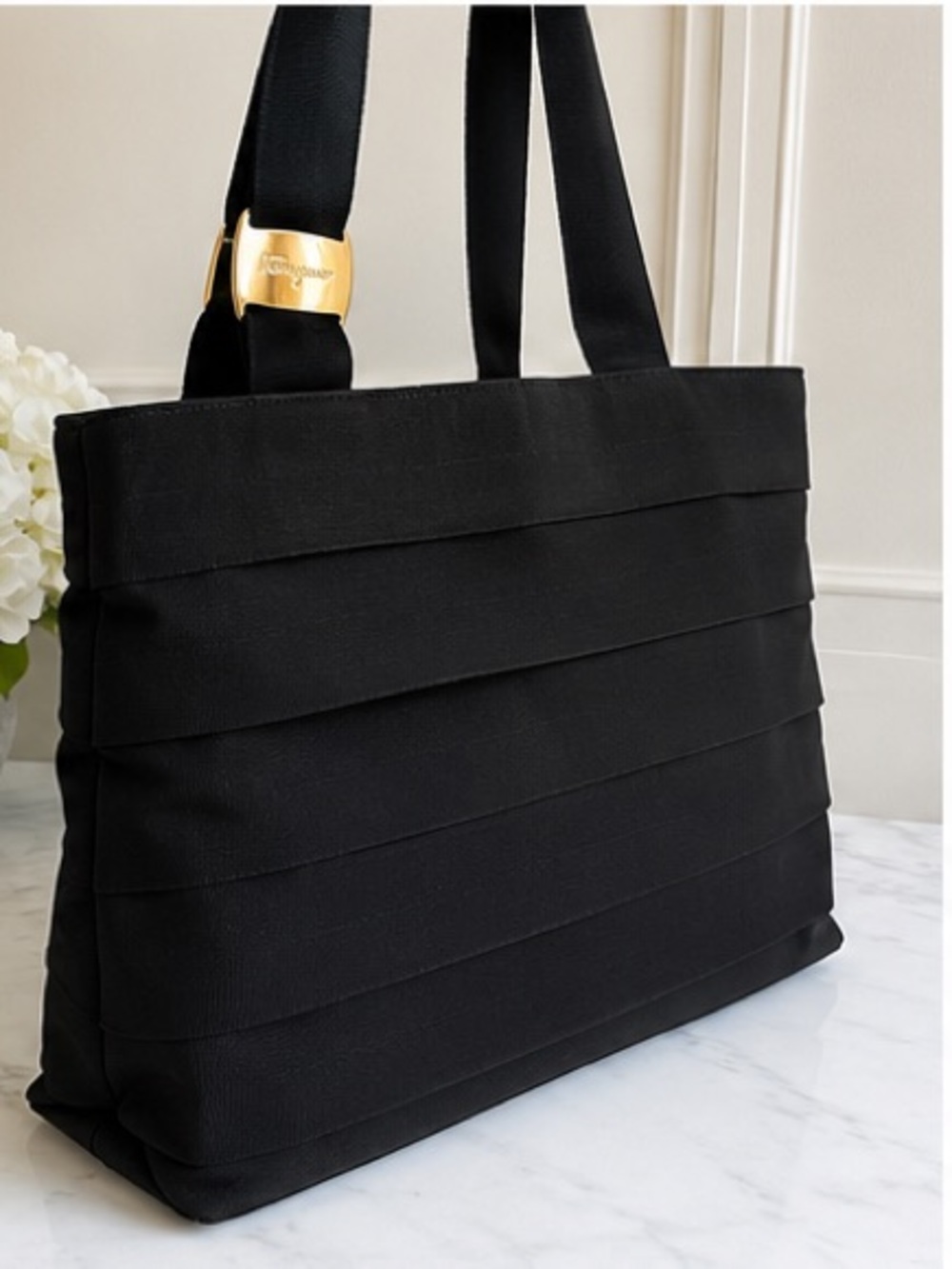 Salvatore Ferragamo Black Tiered Canvas Tote with Gold-Tone Accents